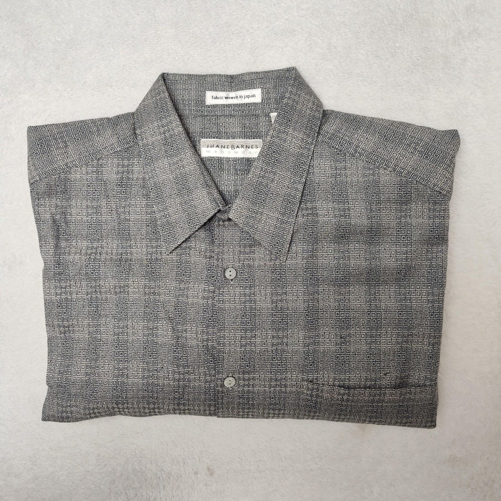 Jhane Barnes Shirt Mens XL Gray Geometric Button-Up Cotton Rayon Japan‎ Woven